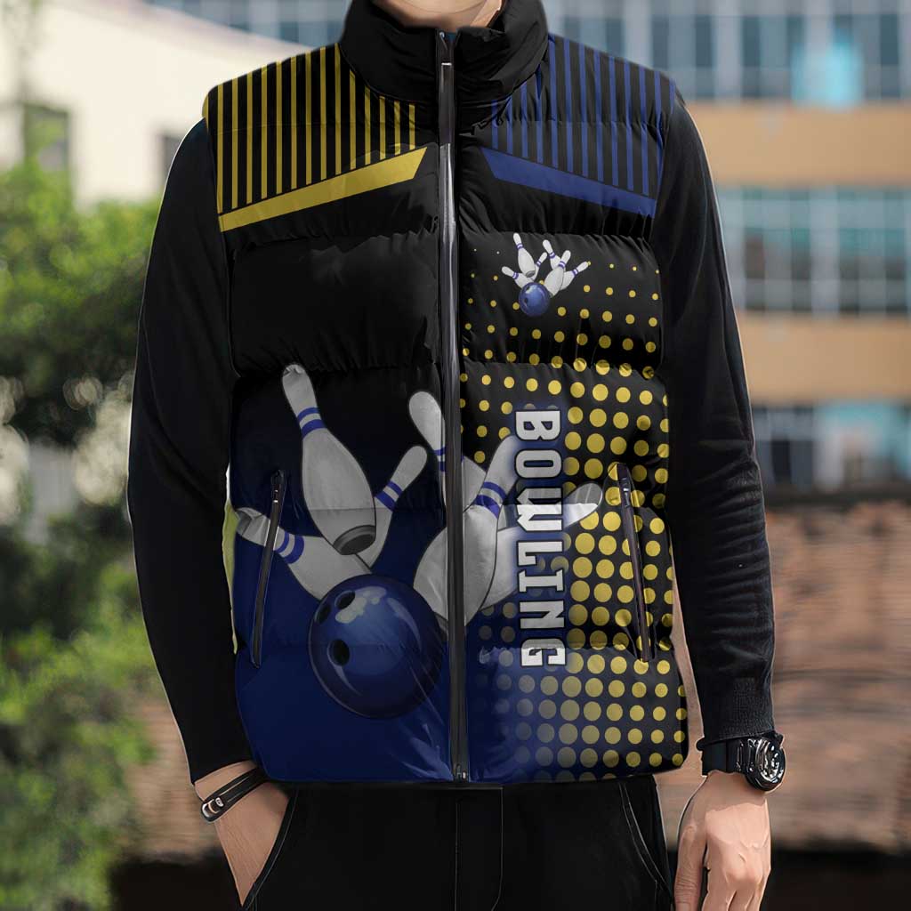 Personalized Blue and Yellow Bowling Sleeveless Puffer Jacket with Striking Pins Retro Dot Pattern Design - Wonder Print Shop