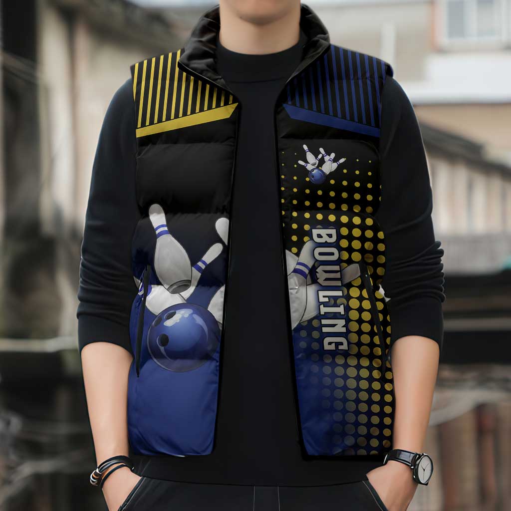 Personalized Blue and Yellow Bowling Sleeveless Puffer Jacket with Striking Pins Retro Dot Pattern Design - Wonder Print Shop