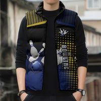 Personalized Blue and Yellow Bowling Sleeveless Puffer Jacket with Striking Pins Retro Dot Pattern Design - Wonder Print Shop