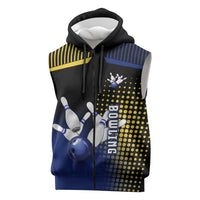 Personalized Blue and Yellow Bowling Sleeveless Zip Hoodie with Striking Pins Retro Dot Pattern Design - Wonder Print Shop