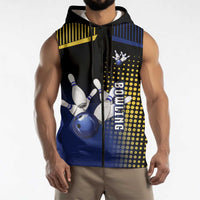 Personalized Blue and Yellow Bowling Sleeveless Zip Hoodie with Striking Pins Retro Dot Pattern Design - Wonder Print Shop