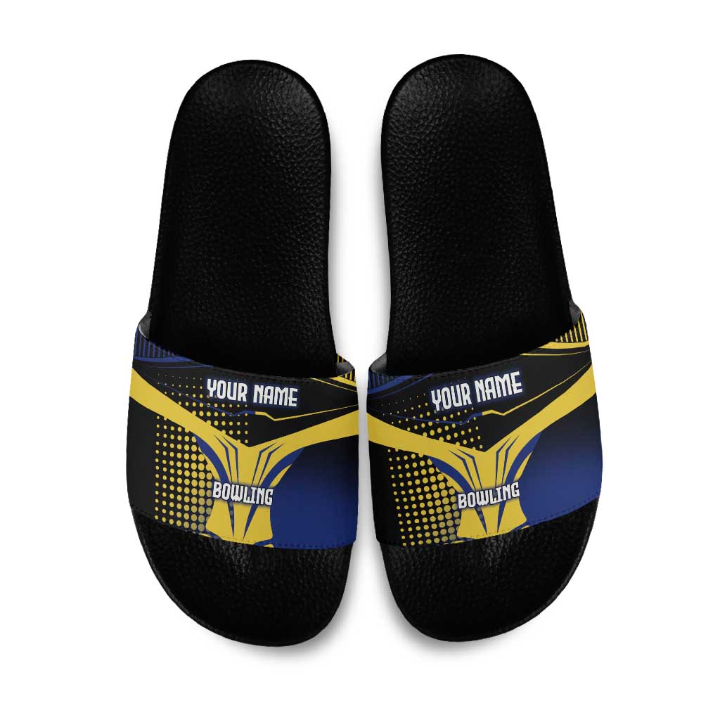 Personalized Blue and Yellow Bowling Slide Sandals with Striking Pins Retro Dot Pattern Design - Wonder Print Shop