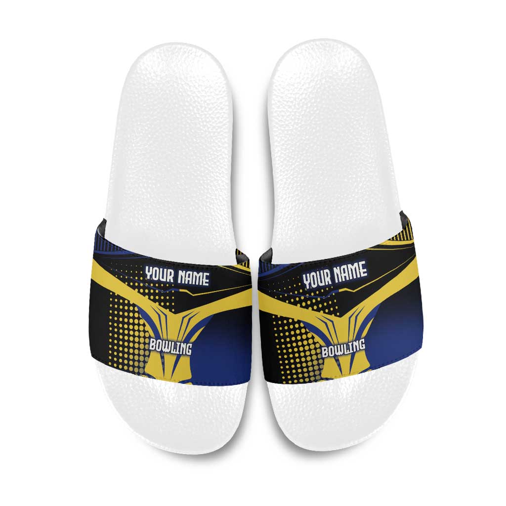 Personalized Blue and Yellow Bowling Slide Sandals with Striking Pins Retro Dot Pattern Design - Wonder Print Shop