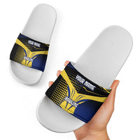 Personalized Blue and Yellow Bowling Slide Sandals with Striking Pins Retro Dot Pattern Design - Wonder Print Shop