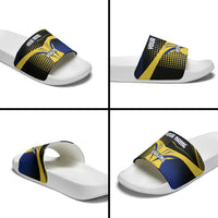 Personalized Blue and Yellow Bowling Slide Sandals with Striking Pins Retro Dot Pattern Design - Wonder Print Shop