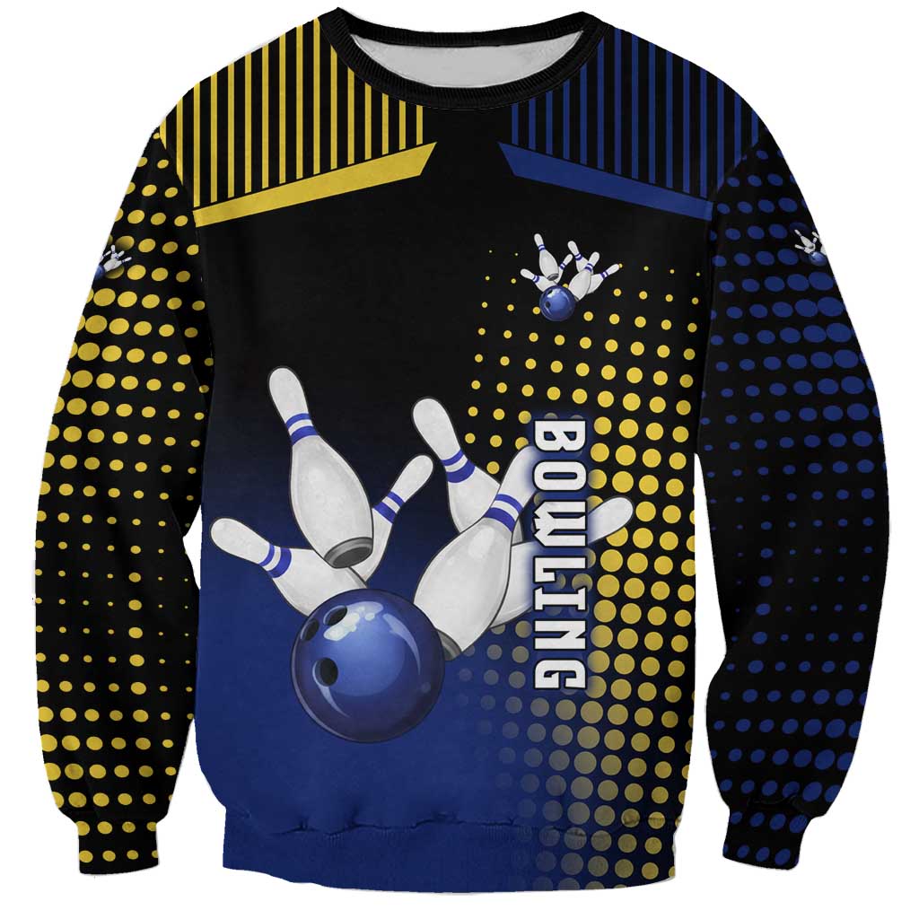 Personalized Blue and Yellow Bowling Sweatshirt with Striking Pins Retro Dot Pattern Design - Wonder Print Shop