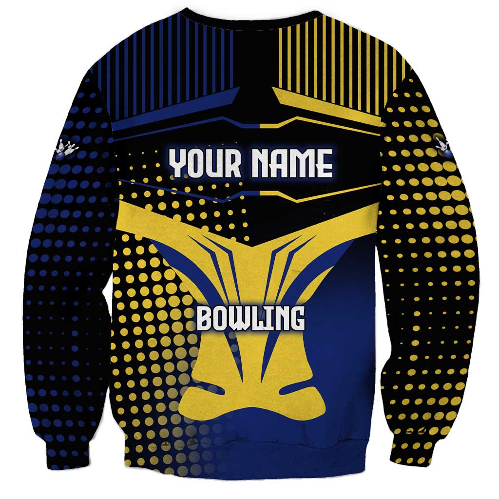 Personalized Blue and Yellow Bowling Sweatshirt with Striking Pins Retro Dot Pattern Design - Wonder Print Shop