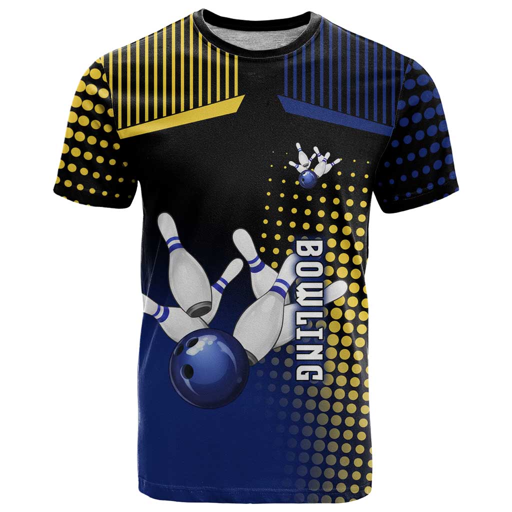 Personalized Blue and Yellow Bowling T Shirt with Striking Pins Retro Dot Pattern Design - Wonder Print Shop