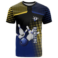 Personalized Blue and Yellow Bowling T Shirt with Striking Pins Retro Dot Pattern Design - Wonder Print Shop