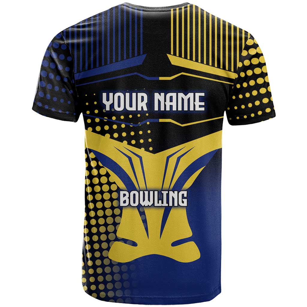 Personalized Blue and Yellow Bowling T Shirt with Striking Pins Retro Dot Pattern Design - Wonder Print Shop