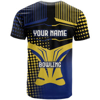 Personalized Blue and Yellow Bowling T Shirt with Striking Pins Retro Dot Pattern Design - Wonder Print Shop