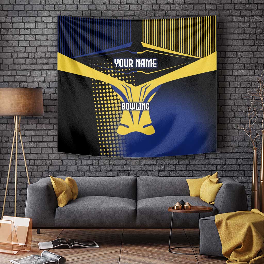 Personalized Blue and Yellow Bowling Tapestry with Striking Pins Retro Dot Pattern Design - Wonder Print Shop