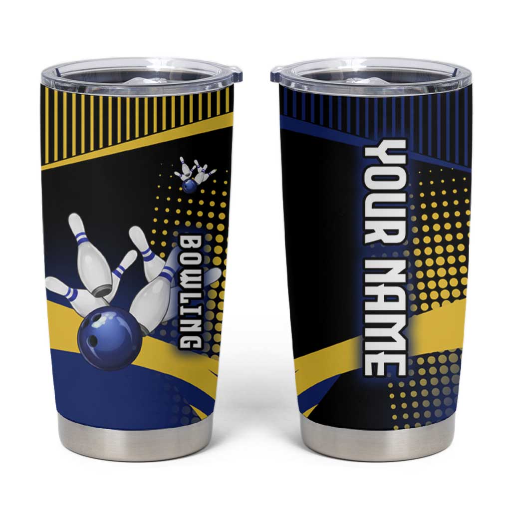 Personalized Blue and Yellow Bowling Tumbler Cup with Striking Pins Retro Dot Pattern Design - Wonder Print Shop