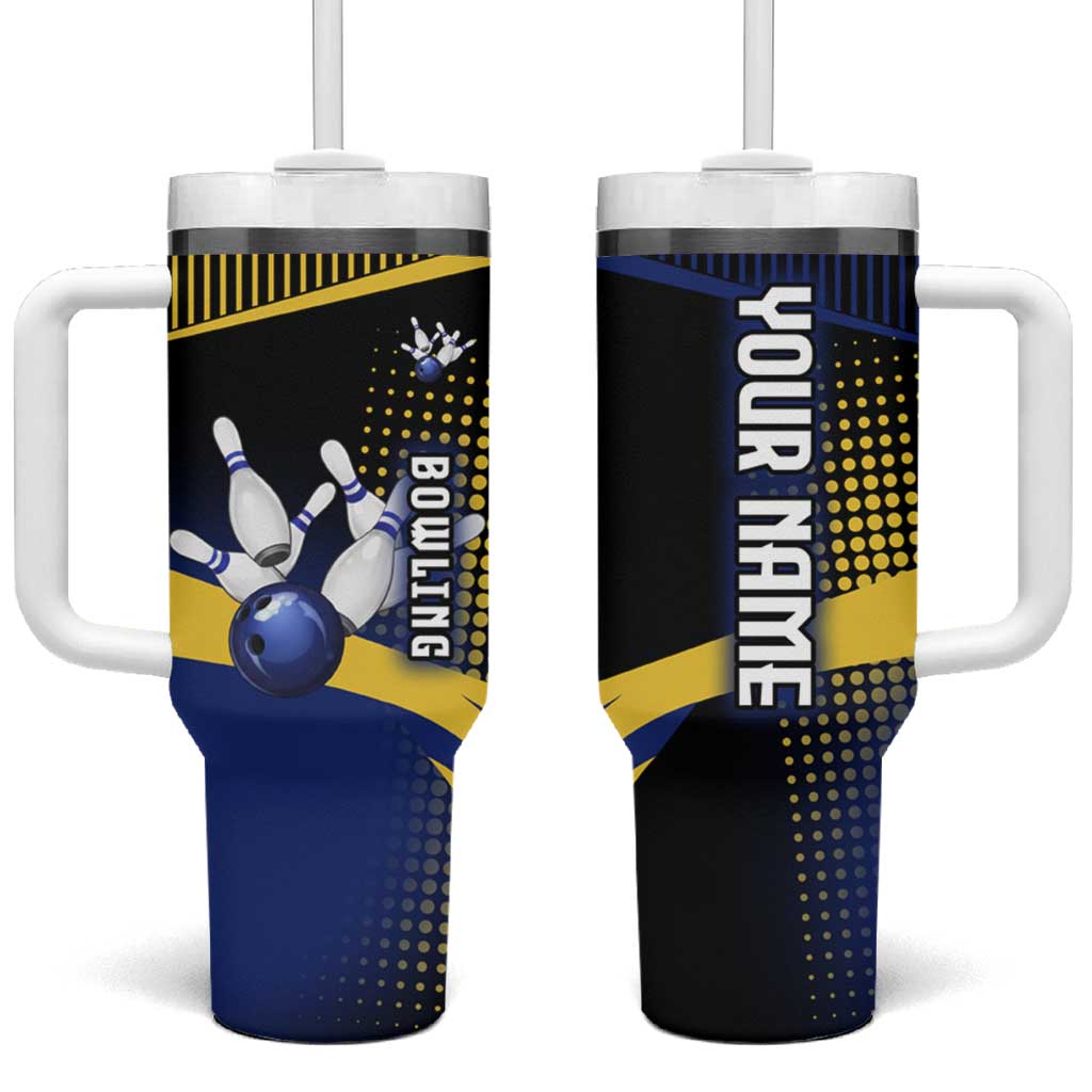 Personalized Blue and Yellow Bowling Tumbler With Handle with Striking Pins Retro Dot Pattern Design - Wonder Print Shop