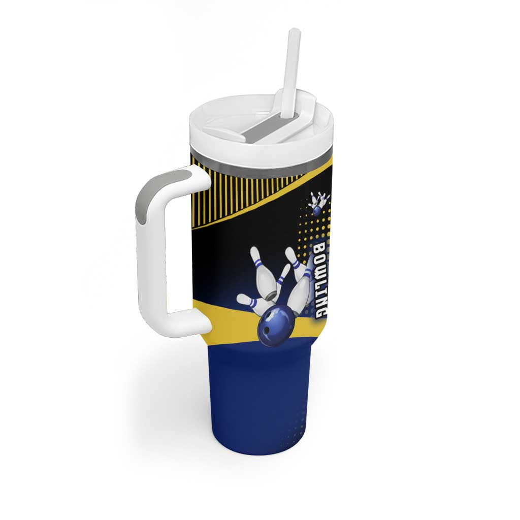 Personalized Blue and Yellow Bowling Tumbler With Handle with Striking Pins Retro Dot Pattern Design - Wonder Print Shop