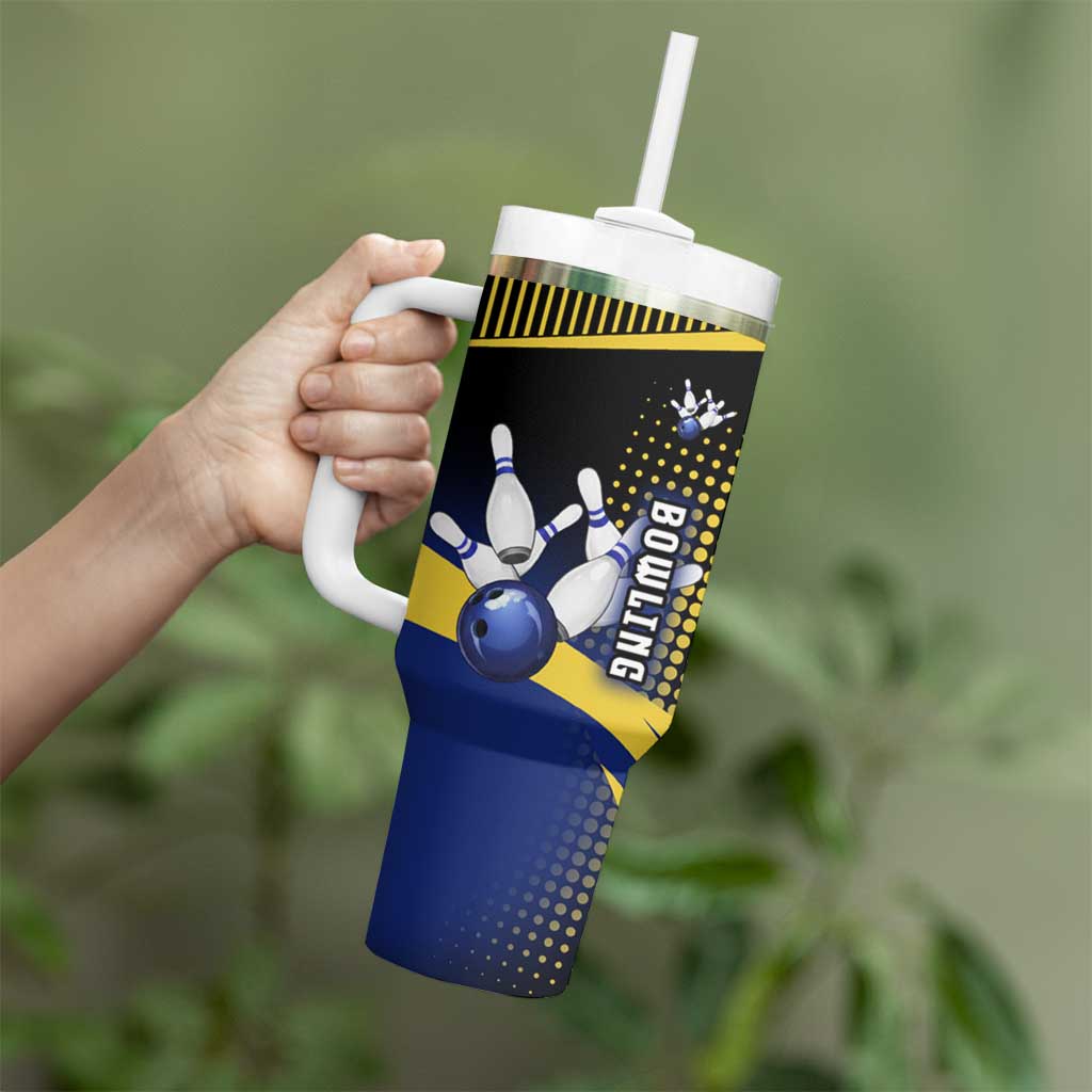 Personalized Blue and Yellow Bowling Tumbler With Handle with Striking Pins Retro Dot Pattern Design - Wonder Print Shop