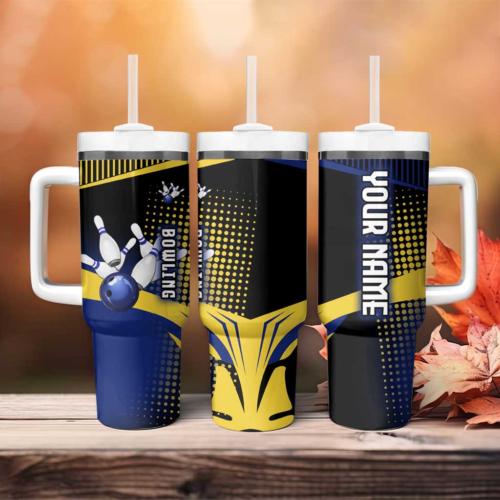 Personalized Blue and Yellow Bowling Tumbler With Handle with Striking Pins Retro Dot Pattern Design - Wonder Print Shop