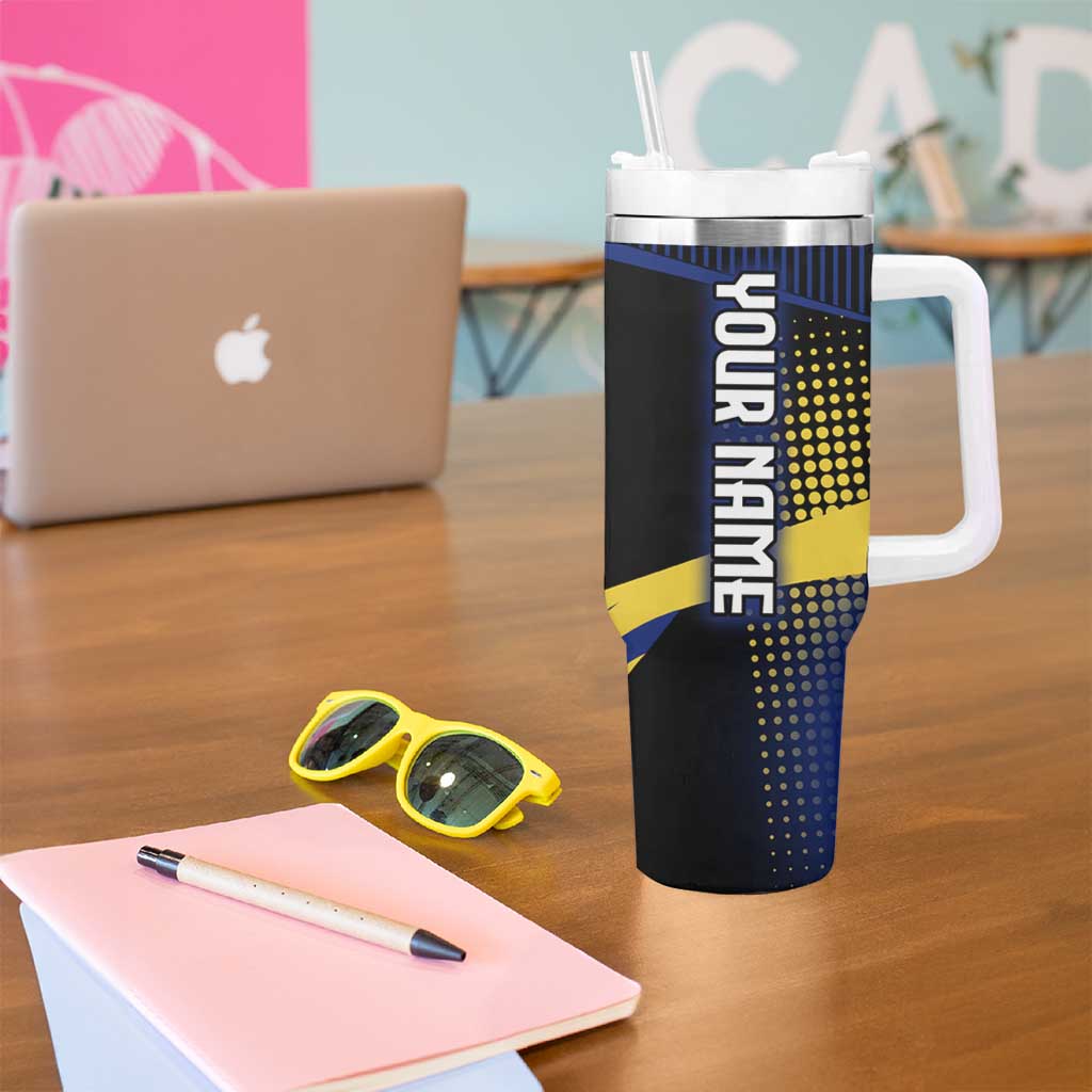 Personalized Blue and Yellow Bowling Tumbler With Handle with Striking Pins Retro Dot Pattern Design - Wonder Print Shop
