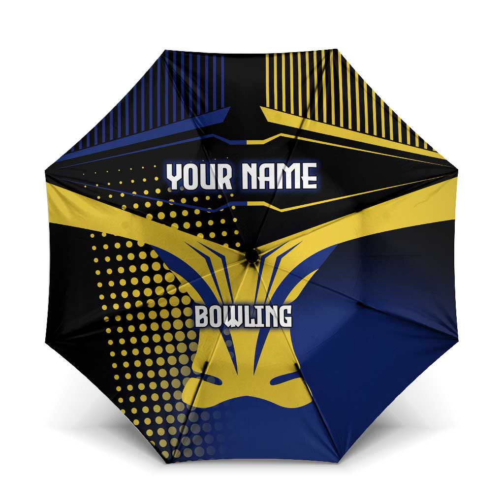 Personalized Blue and Yellow Bowling Umbrella with Striking Pins Retro Dot Pattern Design - Wonder Print Shop