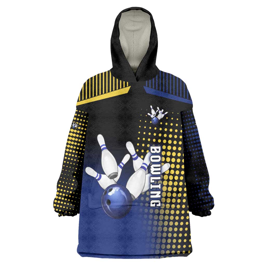 Personalized Blue and Yellow Bowling Wearable Blanket Hoodie with Striking Pins Retro Dot Pattern Design - Wonder Print Shop