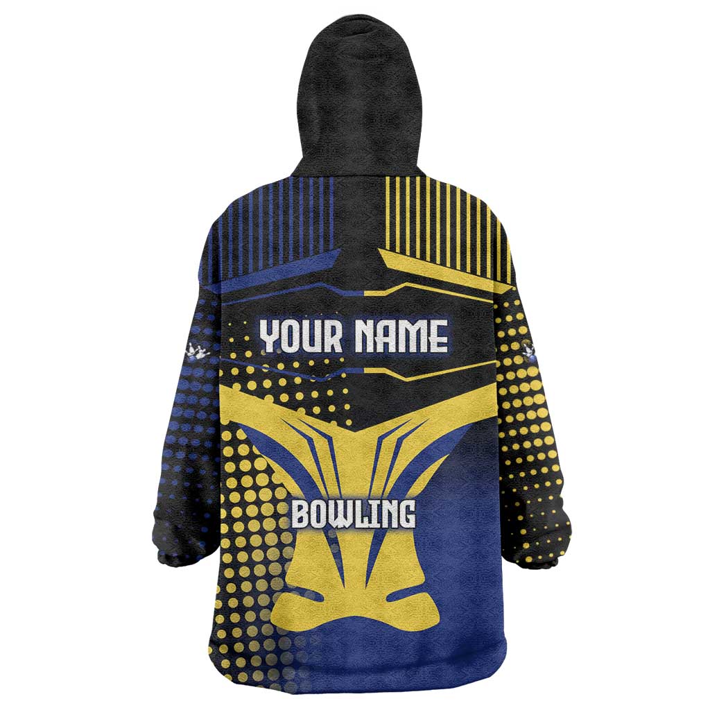 Personalized Blue and Yellow Bowling Wearable Blanket Hoodie with Striking Pins Retro Dot Pattern Design - Wonder Print Shop