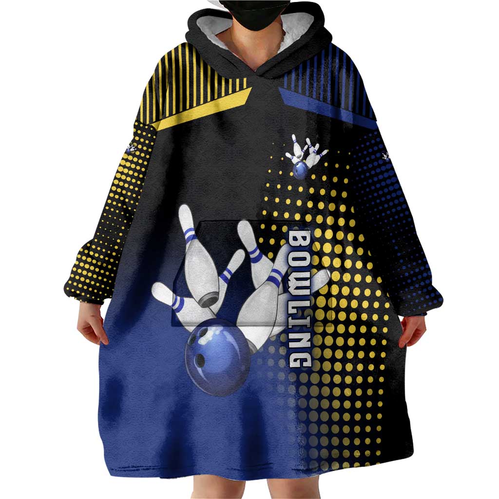 Personalized Blue and Yellow Bowling Wearable Blanket Hoodie with Striking Pins Retro Dot Pattern Design - Wonder Print Shop
