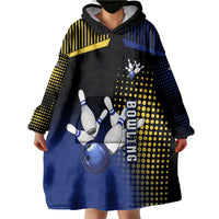 Personalized Blue and Yellow Bowling Wearable Blanket Hoodie with Striking Pins Retro Dot Pattern Design - Wonder Print Shop