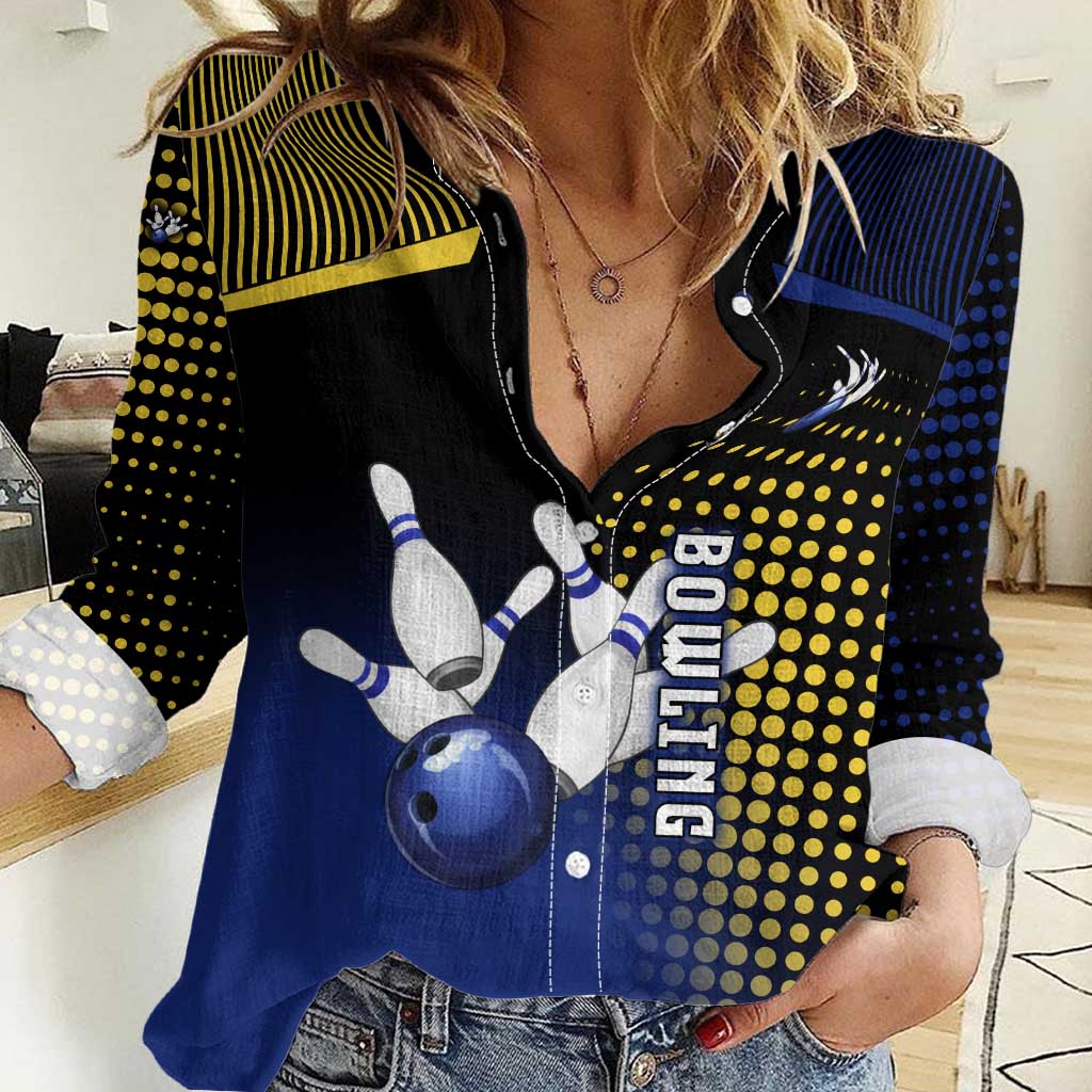Personalized Blue and Yellow Bowling Women Casual Shirt with Striking Pins Retro Dot Pattern Design - Wonder Print Shop