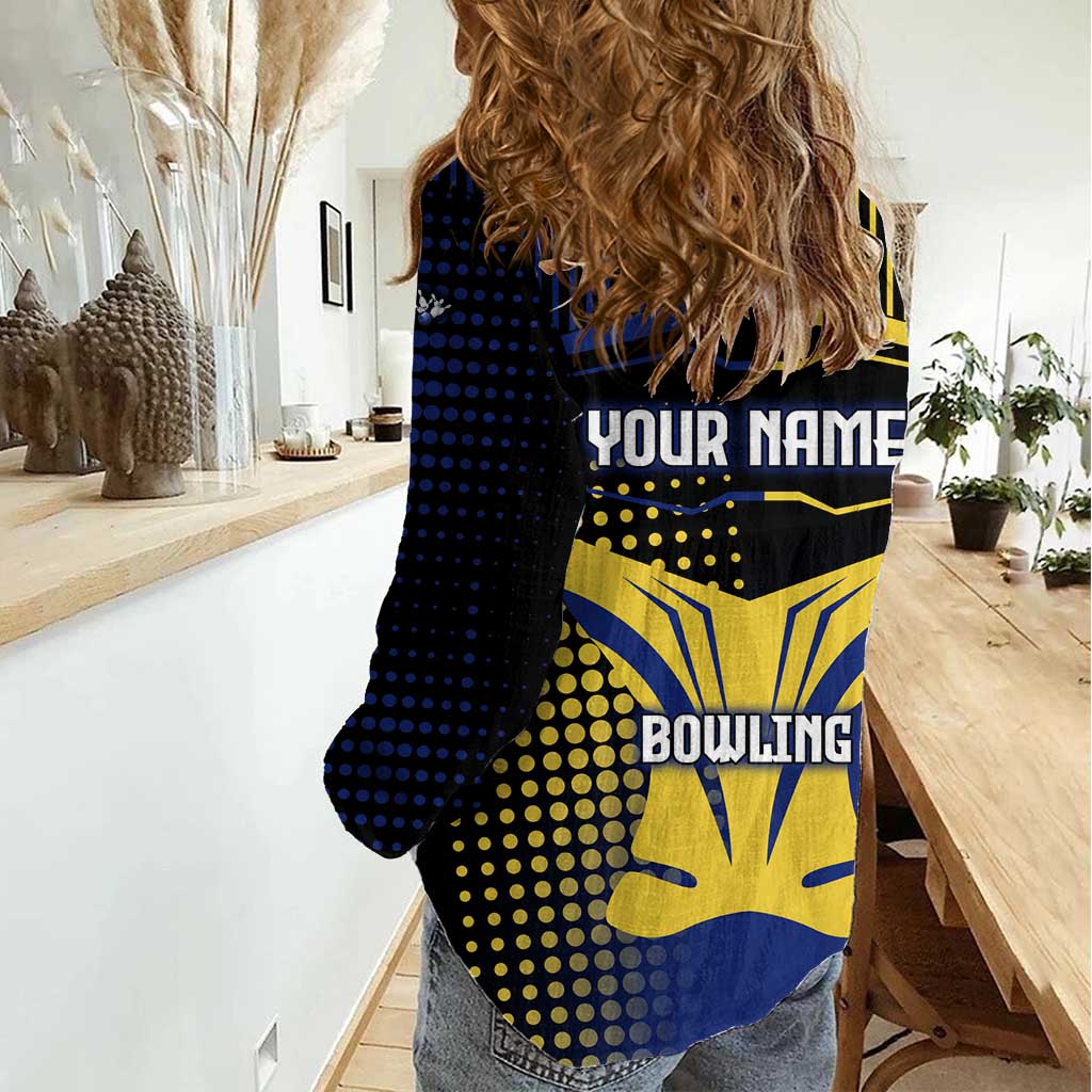 Personalized Blue and Yellow Bowling Women Casual Shirt with Striking Pins Retro Dot Pattern Design - Wonder Print Shop