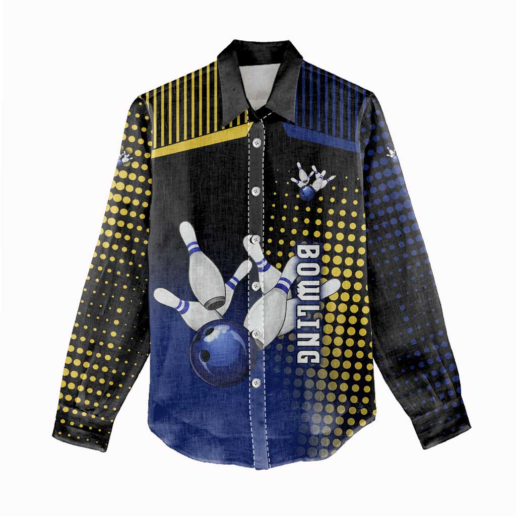 Personalized Blue and Yellow Bowling Women Casual Shirt with Striking Pins Retro Dot Pattern Design - Wonder Print Shop