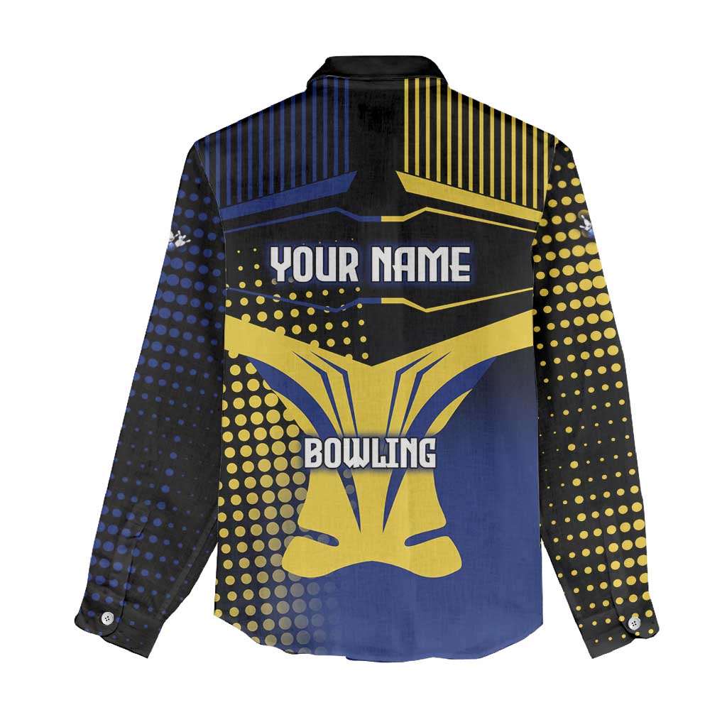 Personalized Blue and Yellow Bowling Women Casual Shirt with Striking Pins Retro Dot Pattern Design - Wonder Print Shop