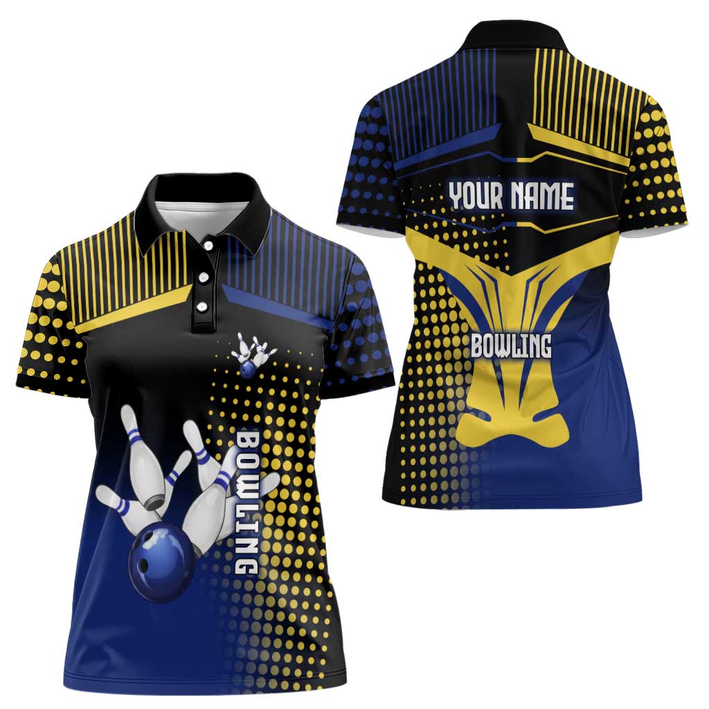 Personalized Blue and Yellow Bowling Women Polo Shirt with Striking Pins Retro Dot Pattern Design - Wonder Print Shop