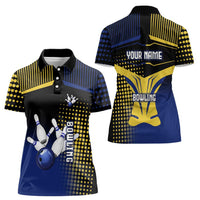 Personalized Blue and Yellow Bowling Women Polo Shirt with Striking Pins Retro Dot Pattern Design - Wonder Print Shop
