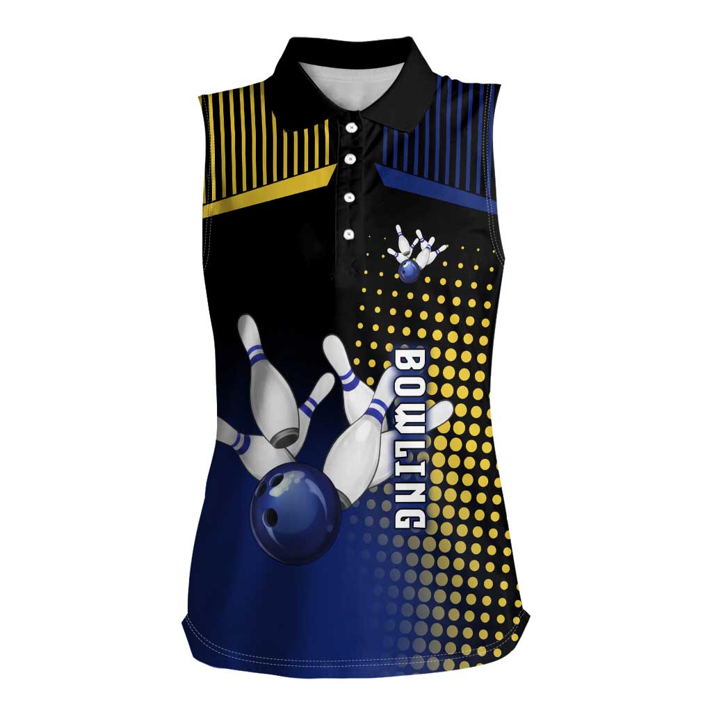 Personalized Blue and Yellow Bowling Women Sleeveless Polo Shirt with Striking Pins Retro Dot Pattern Design - Wonder Print Shop