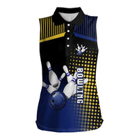 Personalized Blue and Yellow Bowling Women Sleeveless Polo Shirt with Striking Pins Retro Dot Pattern Design - Wonder Print Shop