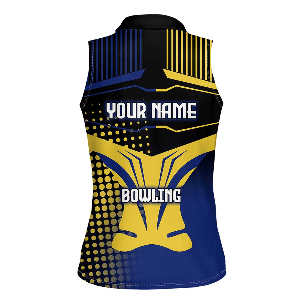 Personalized Blue and Yellow Bowling Women Sleeveless Polo Shirt with Striking Pins Retro Dot Pattern Design - Wonder Print Shop