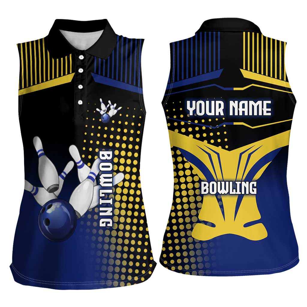 Personalized Blue and Yellow Bowling Women Sleeveless Polo Shirt with Striking Pins Retro Dot Pattern Design - Wonder Print Shop