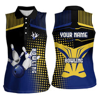 Personalized Blue and Yellow Bowling Women Sleeveless Polo Shirt with Striking Pins Retro Dot Pattern Design - Wonder Print Shop
