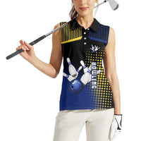 Personalized Blue and Yellow Bowling Women Sleeveless Polo Shirt with Striking Pins Retro Dot Pattern Design - Wonder Print Shop