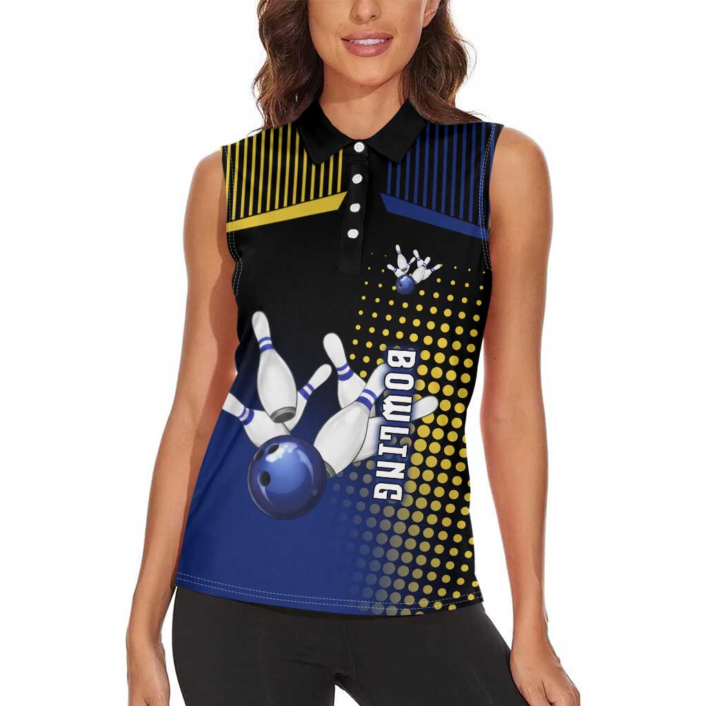 Personalized Blue and Yellow Bowling Women Sleeveless Polo Shirt with Striking Pins Retro Dot Pattern Design - Wonder Print Shop