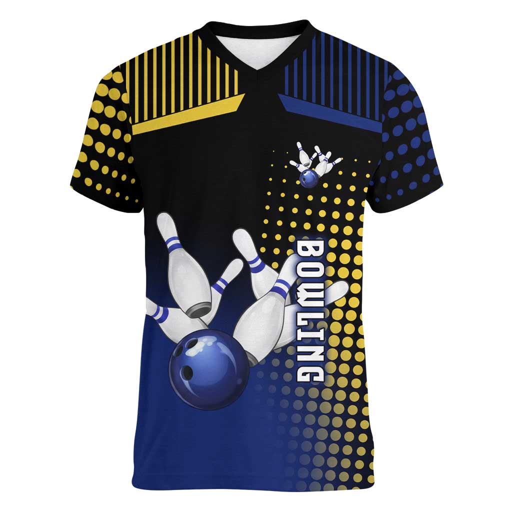 Personalized Blue and Yellow Bowling Women V-Neck T-Shirt with Striking Pins Retro Dot Pattern Design - Wonder Print Shop