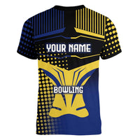 Personalized Blue and Yellow Bowling Women V-Neck T-Shirt with Striking Pins Retro Dot Pattern Design - Wonder Print Shop
