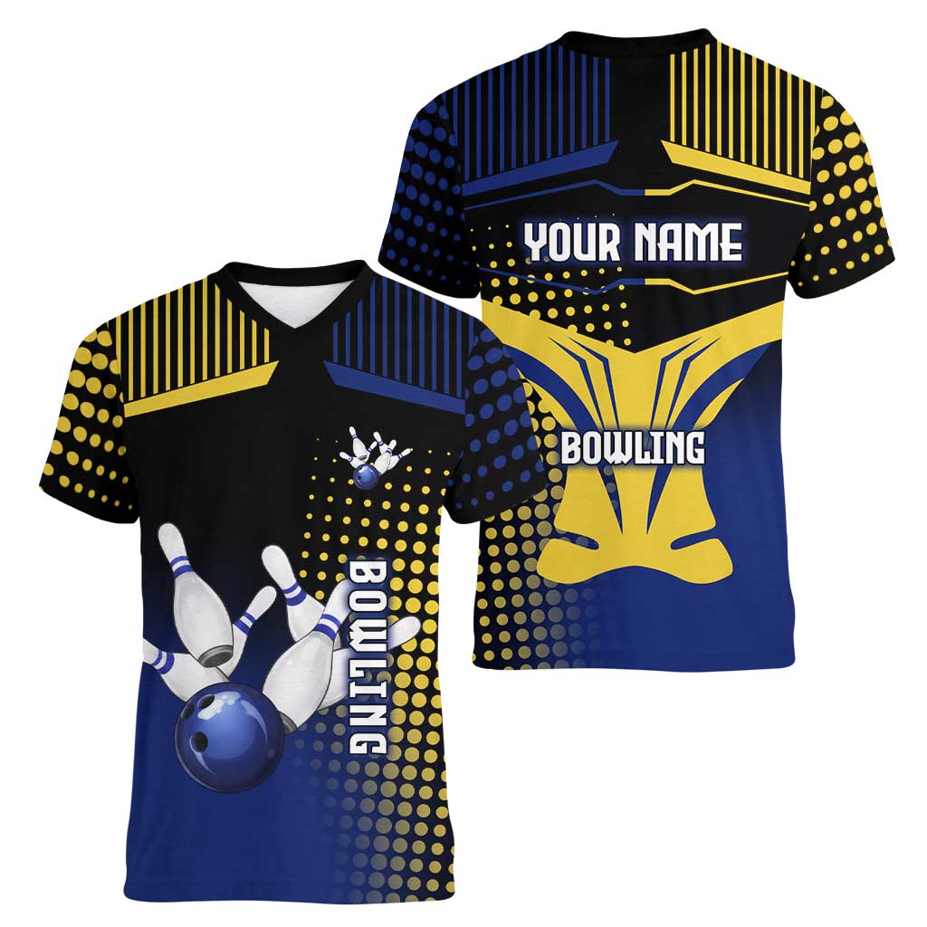 Personalized Blue and Yellow Bowling Women V-Neck T-Shirt with Striking Pins Retro Dot Pattern Design - Wonder Print Shop