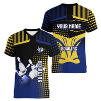 Personalized Blue and Yellow Bowling Women V-Neck T-Shirt with Striking Pins Retro Dot Pattern Design - Wonder Print Shop