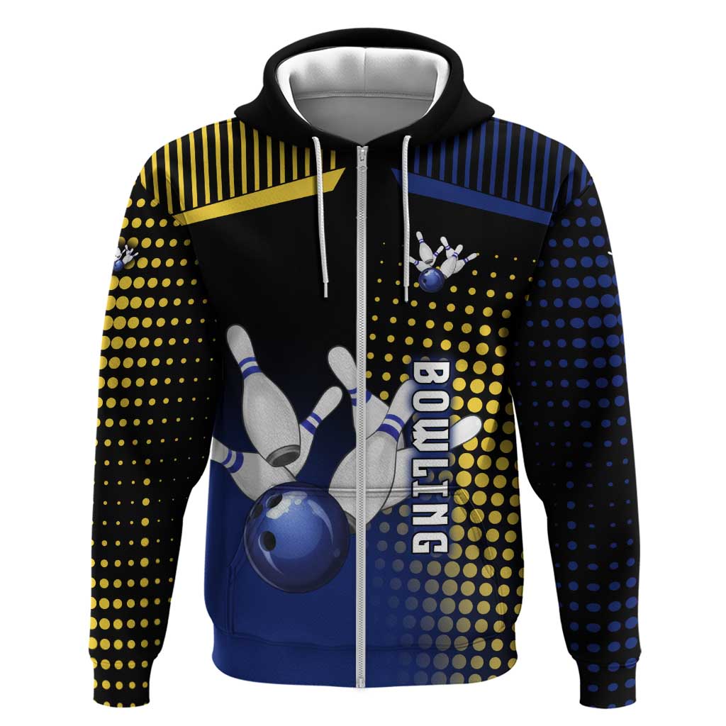 Personalized Blue and Yellow Bowling Zip Hoodie with Striking Pins Retro Dot Pattern Design - Wonder Print Shop