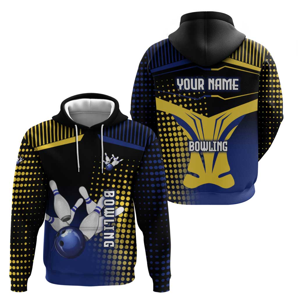 Personalized Blue and Yellow Bowling Zip Hoodie with Striking Pins Retro Dot Pattern Design - Wonder Print Shop
