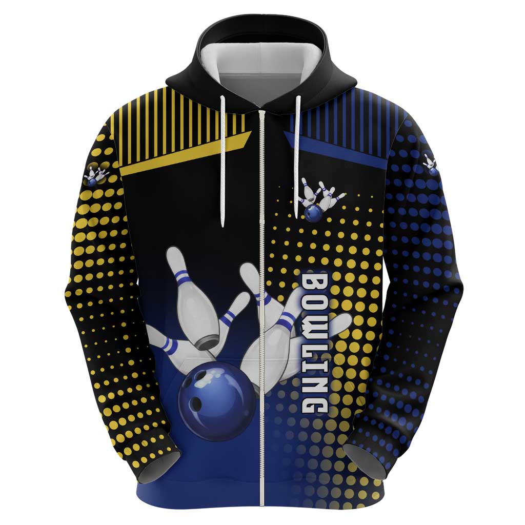 Personalized Blue and Yellow Bowling Zip Hoodie with Striking Pins Retro Dot Pattern Design - Wonder Print Shop
