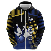 Personalized Blue and Yellow Bowling Zip Hoodie with Striking Pins Retro Dot Pattern Design - Wonder Print Shop