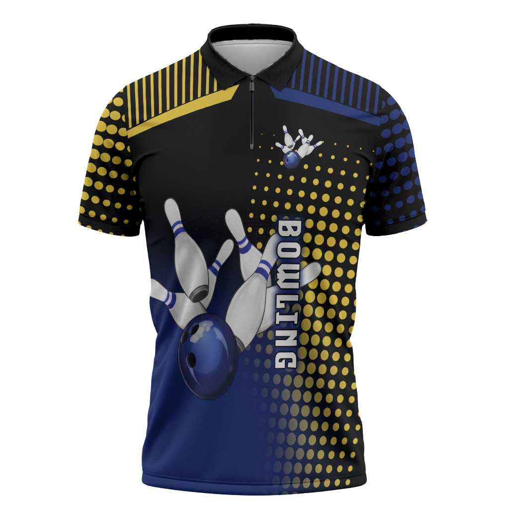 Personalized Blue and Yellow Bowling Zipper Polo Shirt with Striking Pins Retro Dot Pattern Design - Wonder Print Shop