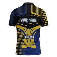 Personalized Blue and Yellow Bowling Zipper Polo Shirt with Striking Pins Retro Dot Pattern Design - Wonder Print Shop